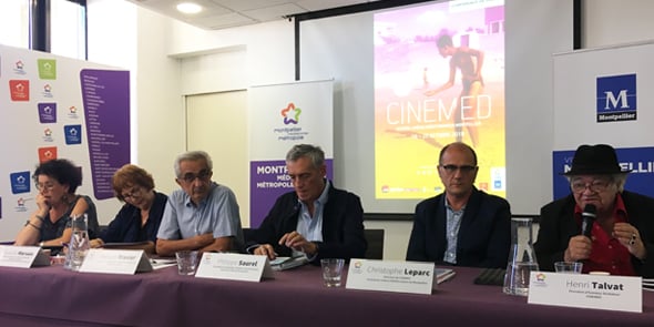 Z. Bourguet (Région), Isabelle Marsala (Ville de Montpellier), B. Travier (Métropole), P. Saurel (Ville de Montpellier), C. Leparc (Cinemed), H. Talvat (Cinemed).