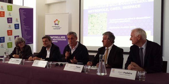 De gauche à droite : C. Marion (M3M), G. Rabin (CNES), P. Saurel (M3M), B. Plano et A. Podaire (InSpace)