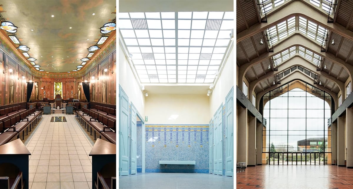 Le grand temple maçonnique de Nancy, les bains douches art déco à Laval et la Cité du Cinéma à Saint-Denis.