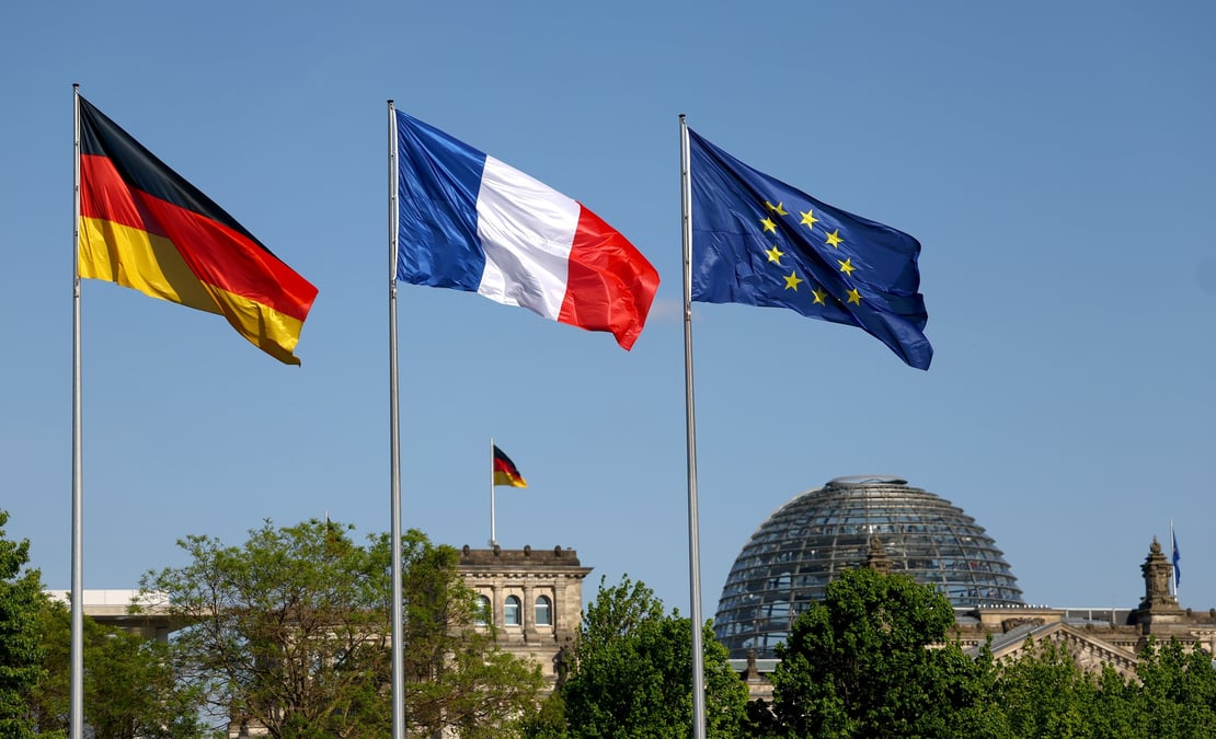 Les drapeaux de l'allemagne, de la france et de l'union europeenne flottant devant le bundestag