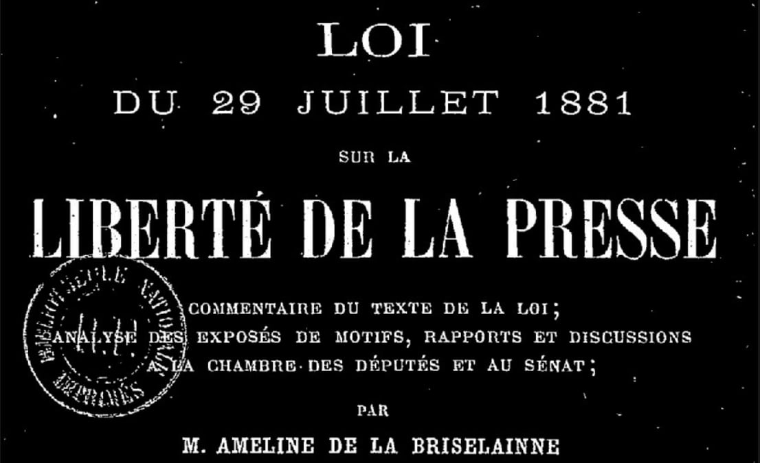 négatif, couv, texte de la Loi du 29 juillet 1881, liberté de la presse, France