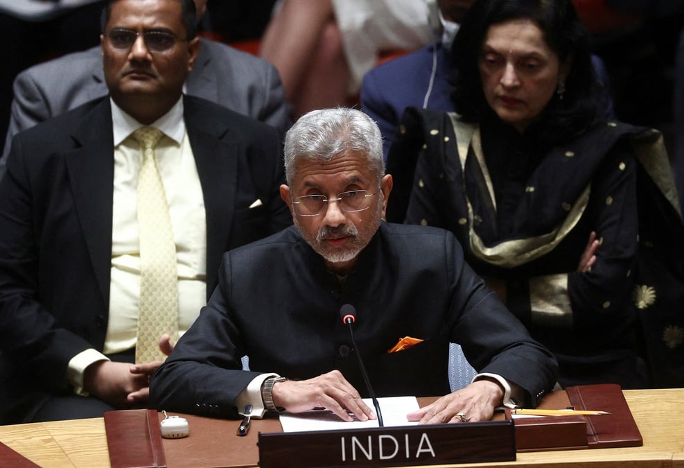 Le ministre indien des affaires etrangeres, subrahmanyam jaishankar, lors d'une reunion au siege de l'onu a new york