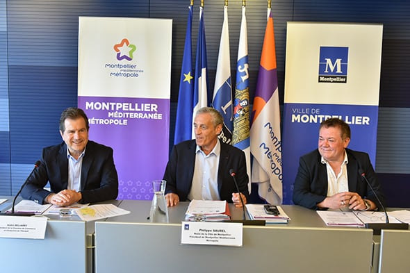 Philippe Saurel, entouré de André Deljarry (à gauche) et Christian Pujol (à droite)