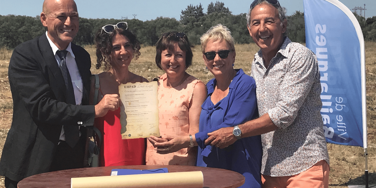 J.-L. Meissonnier, maire de Baillargues, V. Giral représentante de l'ARS Occitanie, C. Vassas Mejri, conseillère départementale, P. Weber, représentante du Département et Y. Bellet, conseiller départemental