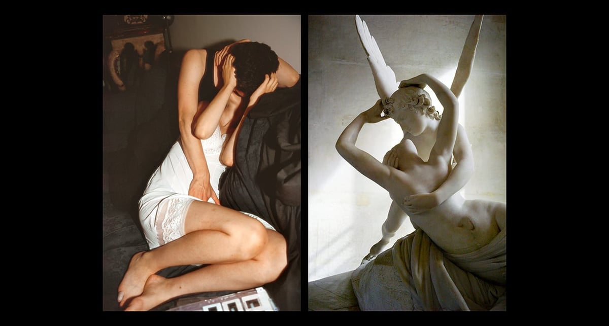 À gauche, Rosaria Schifani, veuve de Vito, garde du corps tué avec le juge Giovanni Falcone, Palerme, 1992, Letizia Battaglia. À droite, « Jeune amour », 2024, Nan Goldin.