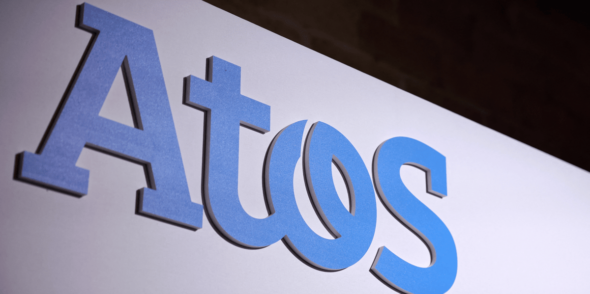 Le logo de la societe francaise atos lors d'une conference de presse a paris