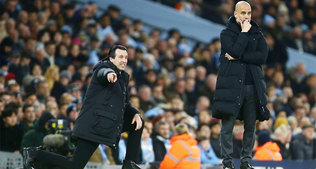 Unai Emery et Pep Guardiola, photographiés lors du match de Premier League entre Manchester City et Aston Villa, disputé le 3 avril à l'Etihad Stadium, à Manchester au Royaume-Uni.
