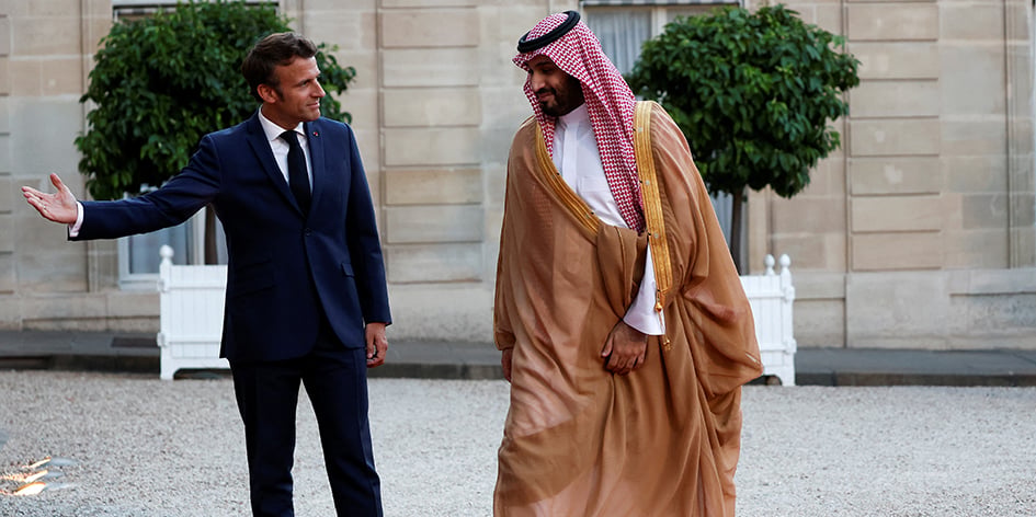 Emmanuel Macron recevait le prince héritier saoudien Mohammed Ben Salmane Ben Abdelaziz Al Saoud (MBS) à l'Élysée le 28 juillet 2022.