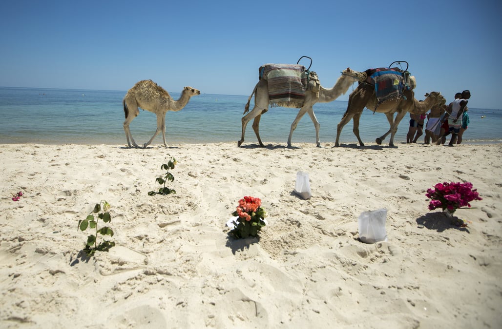 Bouquets of flowers are laid at the beachside of the imperial marhaba resort, which was attacked by a gunman in sousse
