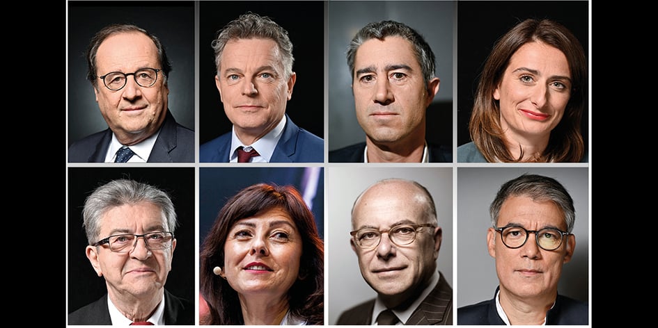 De haut en bas et de gauche à droite : François Hollande, Fabien Roussel, François Ruffin, Marine Tondelier, Jean-Luc Mélenchon, Carole Delga, Bernard Cazeneuve et Olivier Faure.