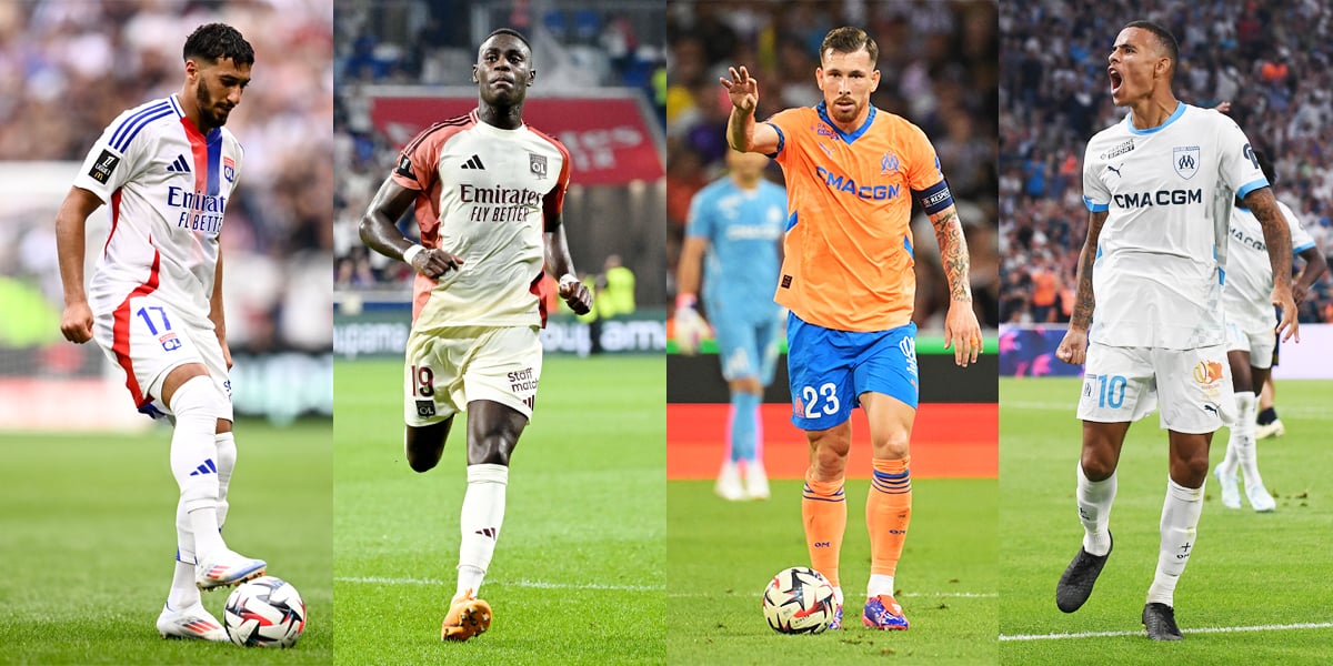 De gauche à droite : l’Algérien Saïd Benrahma et le Sénégalais Moussa Niakhaté (OL) ; le Danois Pierre-Emile Hojbjerg et l’Anglais Mason Greenwood (OM).