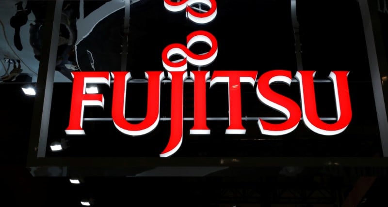 A logo of fujitsu ltd. is pictured at the ceatec japan 2017 in chiba