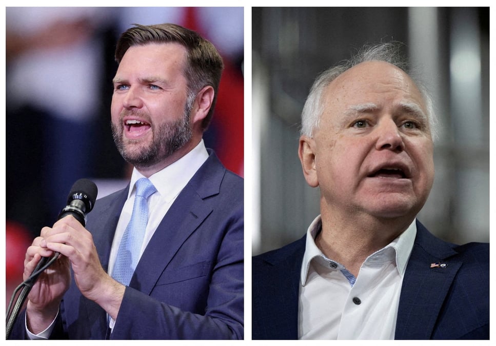 Une combinaison d'images montre j.d. vance, et tim walz