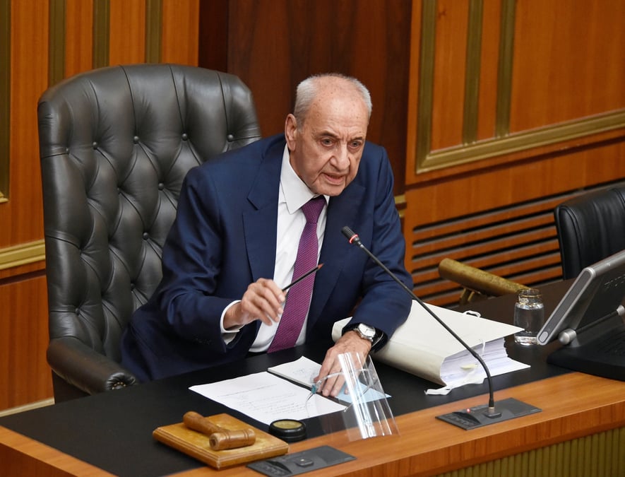 Le president du parlement libanais, nabih berri, lors d'une session parlementaire a beyrouth