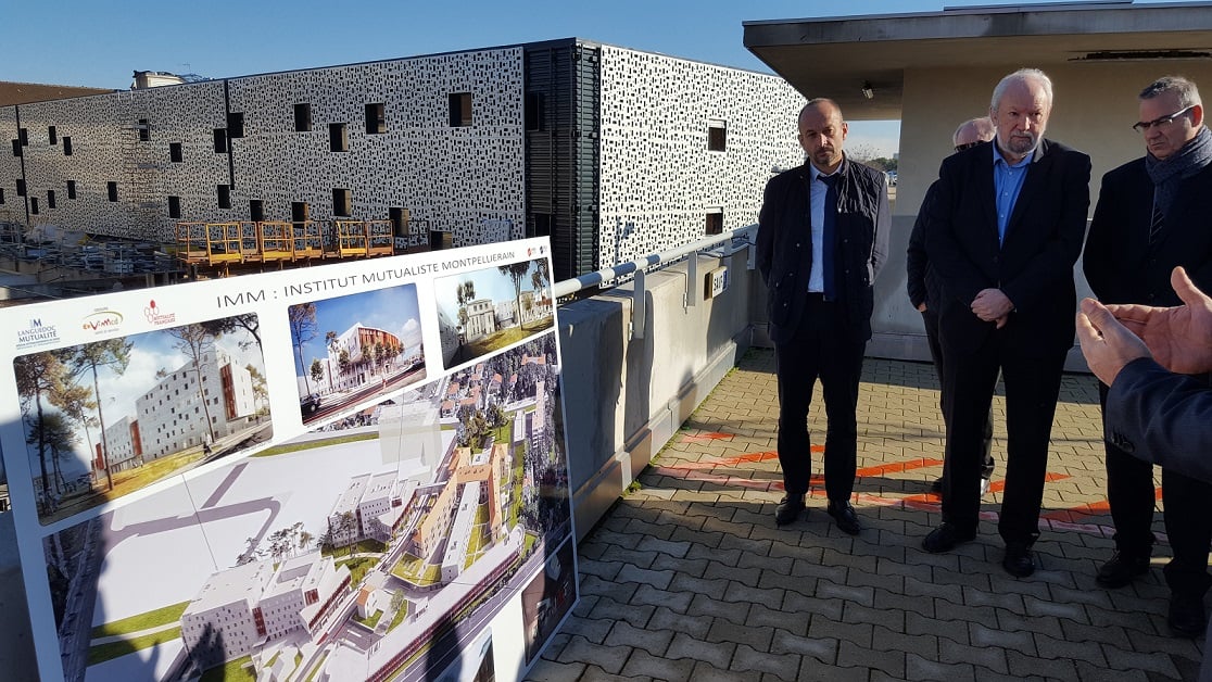 Thierry Beaudet, président national de la Mutualité Française, et René Game, président du groupe Languedoc Mutualité et d'Eovi Mcd Santé et Services, le 14 décembre 2018 à la clinique Beau Soleil de Montpellier