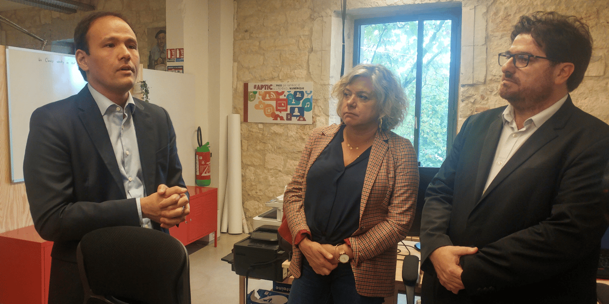 Cédric O, secrétaire d'Etat au Numérique, Dominique David, députée LREM de Gironde, et Gérald Elbaze, directeur général d'Aptic