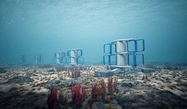 Vue d'artiste de la future ferme hydrolienne Flowatt, entre le cap de La Hague dans la Manche et l'île anglo-normande d'Aurigny.