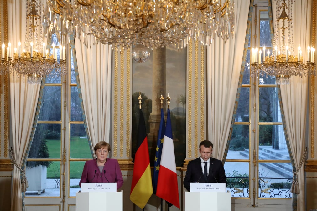 French president emmanuel macron and german chancellor angela merkel give a joint press conference at the eylsee presidential palace in paris