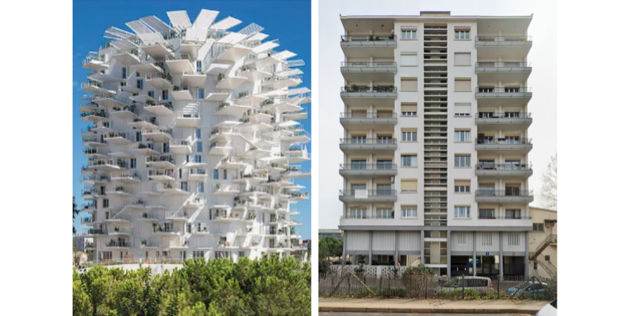 L'Arbre blanc, inauguré en 2019, et le bâtiment construit dans les années 1960 et baptisé "l'arbre gris" par l'architecte Yann Legouis, se font face à Montpellier.