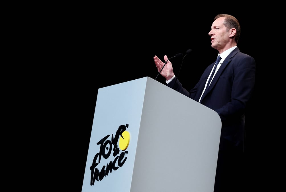 Christian prudhomme, directeur du tour de france, lors d'une presentation a paris