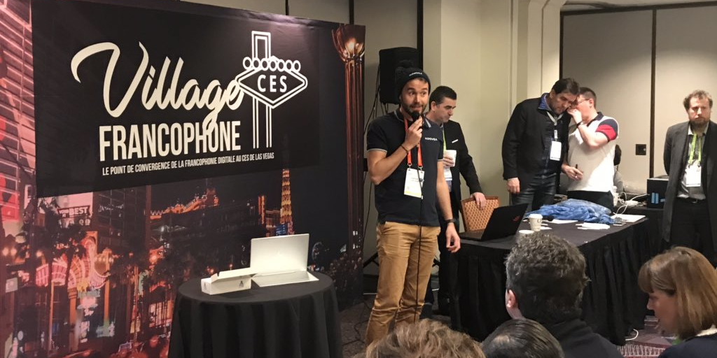Adrien Content, président de Koovea, lors d'un concours de pitch organisé par le Village francophone au CES de Las Vegas