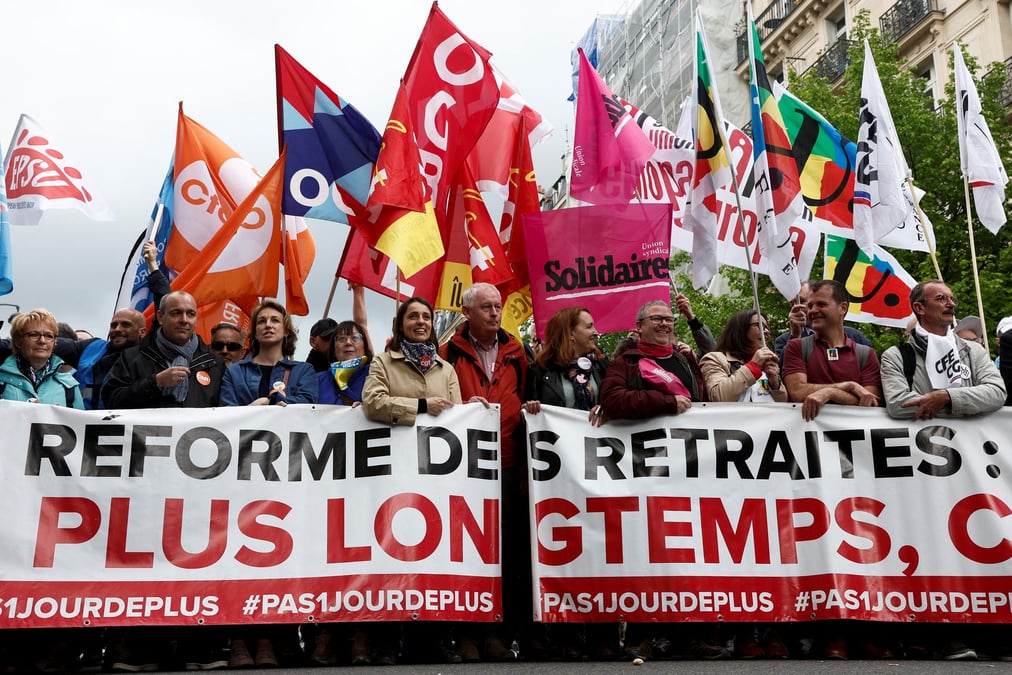 Les syndicats mobilisés contre la réforme Borne en février 2023.