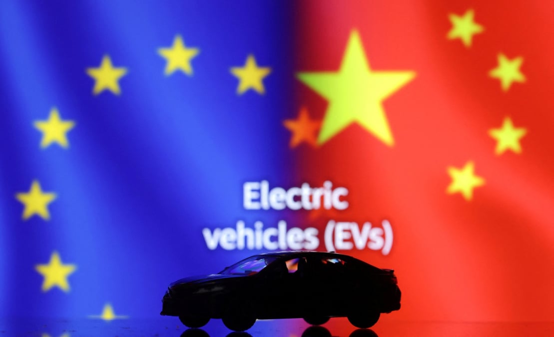 Illustration shows car miniature, "electric vechicles (evs)" words, eu and chinese flags