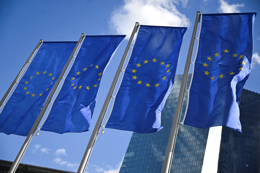 Les drapeaux de l'ue devant le siege de la bce a francfort