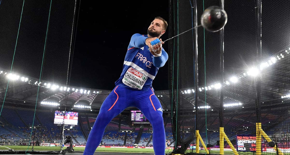 Le Français Yann Chaussinand lors de l'épreuve du lancer du marteau masculin aux Championnats d'Europe d'athlétisme de Rome, le 9 juin 2024.