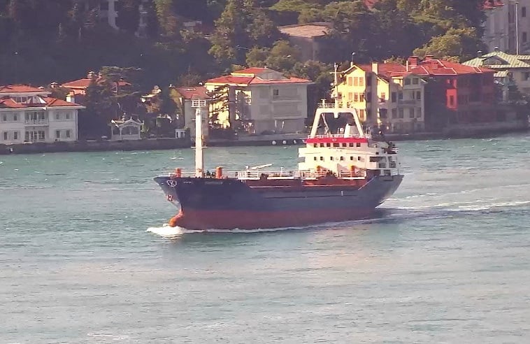 Le navire sukru okan, battant pavillon des palaos, transite par le bosphore a istanbul