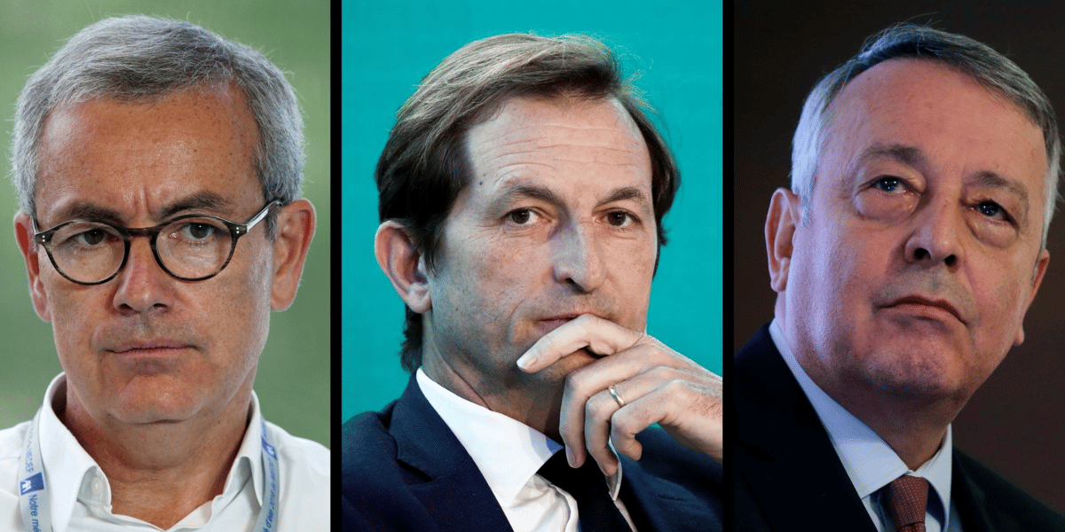 Jean-Pierre Clamadieu, président d'Engie (à g.), Bertrand Camus, directeur général de Suez (au centre) et Antoine Frérot, PDG de Veolia