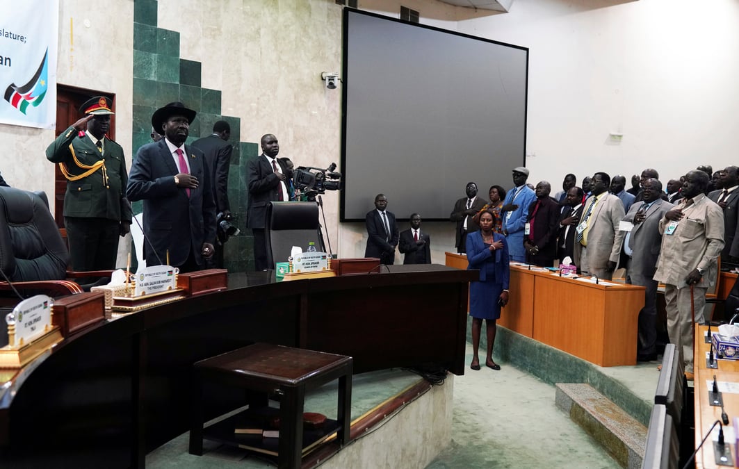 South sudan president salva kiir attends the reopening of the first session of the transitional national legislature, at the parliament building in juba