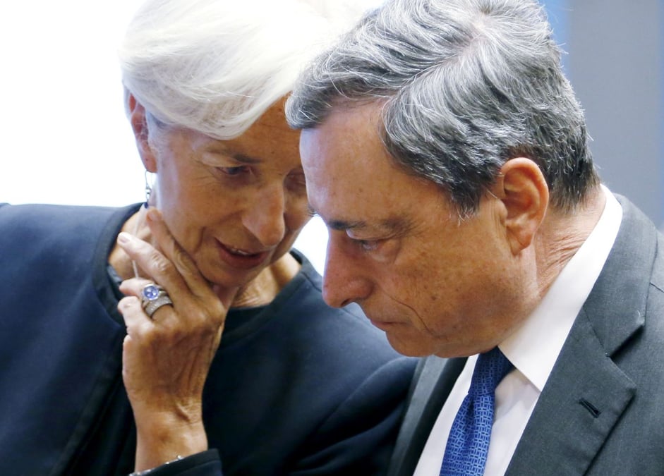 Christine Lagarde en discussion avec Mario Draghi, l'actuel patron de la BCE.