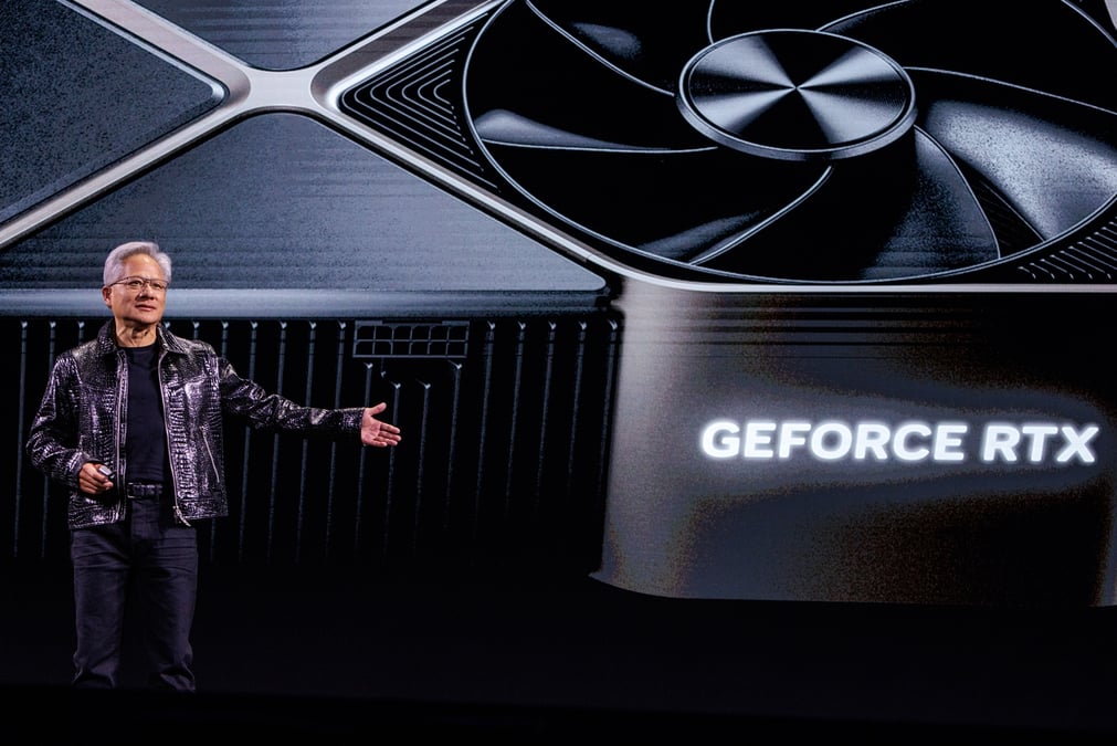 Jensen Huang, PDG de Nvidia, prononce le premier discours du CES 2025 à la Michelob ULTRA Arena au Mandalay Bay à Las Vegas le 6 janvier 2025.