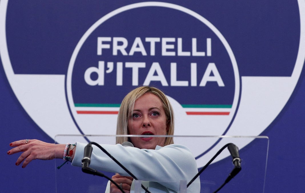 La cheffe des freres d'italie, giorgia meloni, s'exprime au siege de la soiree electorale du parti, a rome