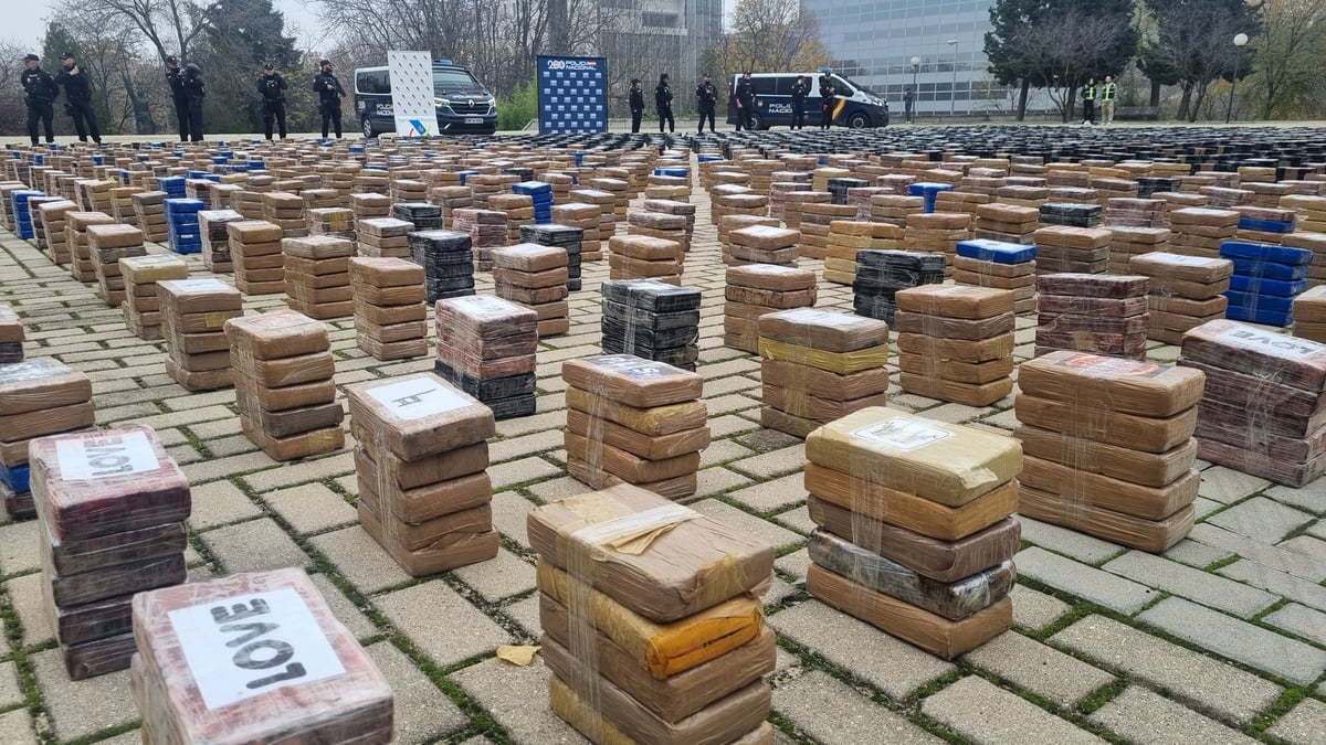 Des policiers se tiennent pres de 11 tonnes de cocaine saisies a madrid, en espagne