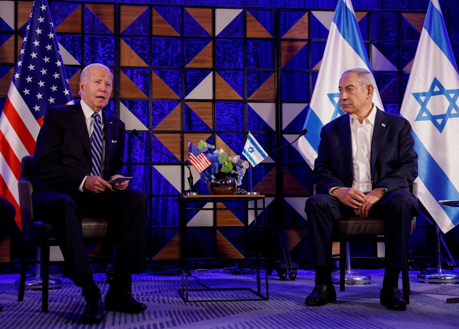 Joe biden et benjamin netanyahu lors d'une visite du president americain a tel aviv, israel