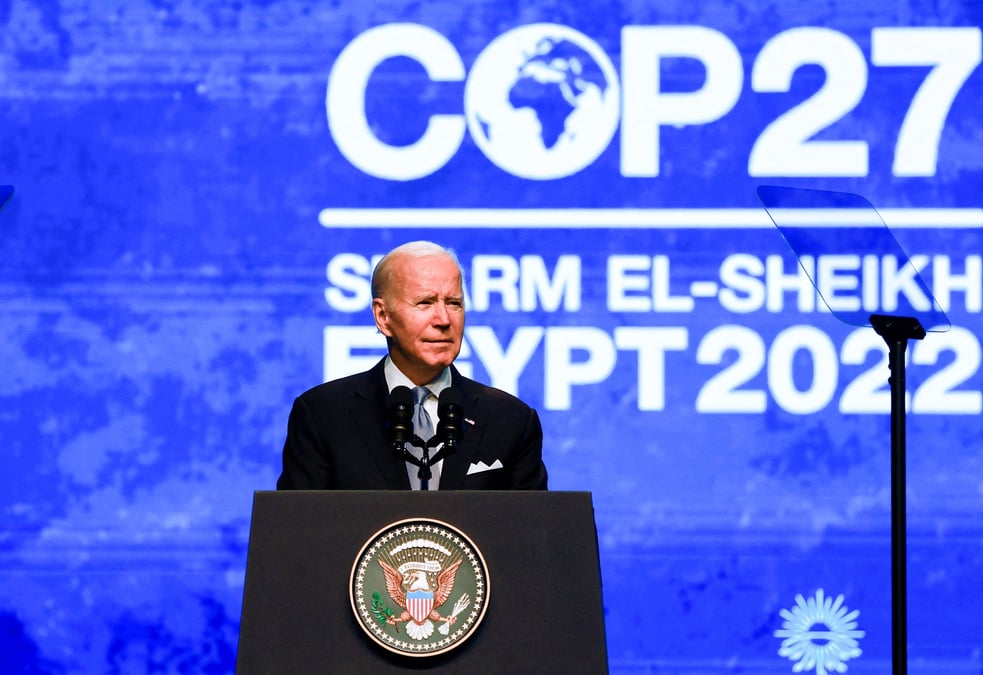 Le president americain joe biden prononce un discours lors du sommet sur le climat cop27, a sharm el-sheikh, en egypte