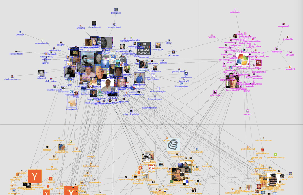 Extrait d'une infographie permettant de visualiser la myriade de connexions entre utilisateurs de Twitter ayant tweeté le mot "algorithme" à un instant "t" [ pour voir l'image originale: https://www.flickr.com/photos/marc_smith/5682971310 ]