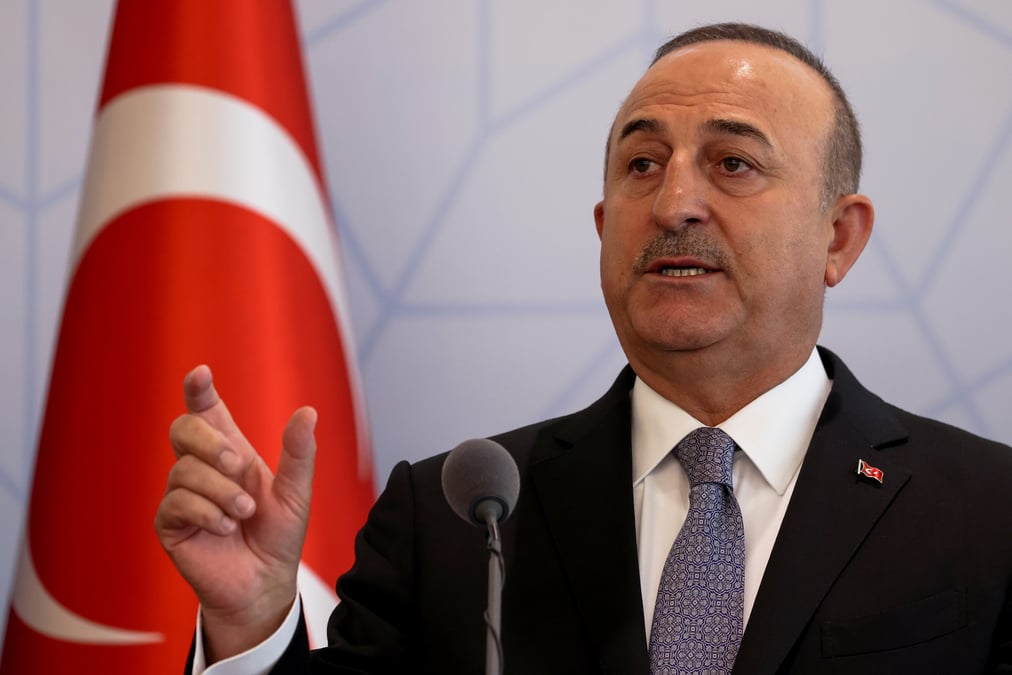 Le ministre turc des affaires etrangeres mevlut cavusoglu lors d'une conference a ankara, en turquie