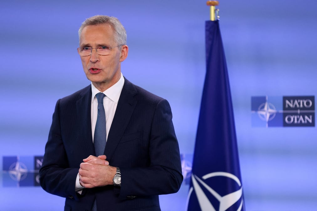 Le secretaire general de l'otan, jens stoltenberg, lors d'une conference de presse a bruxelles