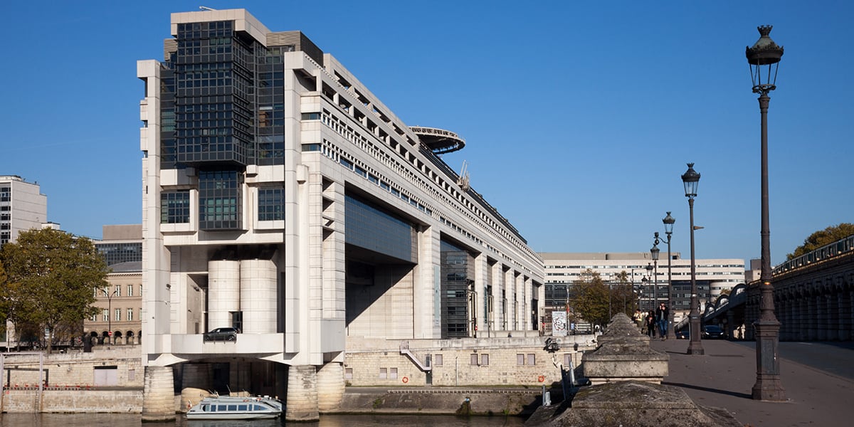 Vue du bâtiment du ministère de l'Economie, des Finances et de la Souveraineté industrielle et numérique à Bercy dans le 13e arrondissement de Paris.