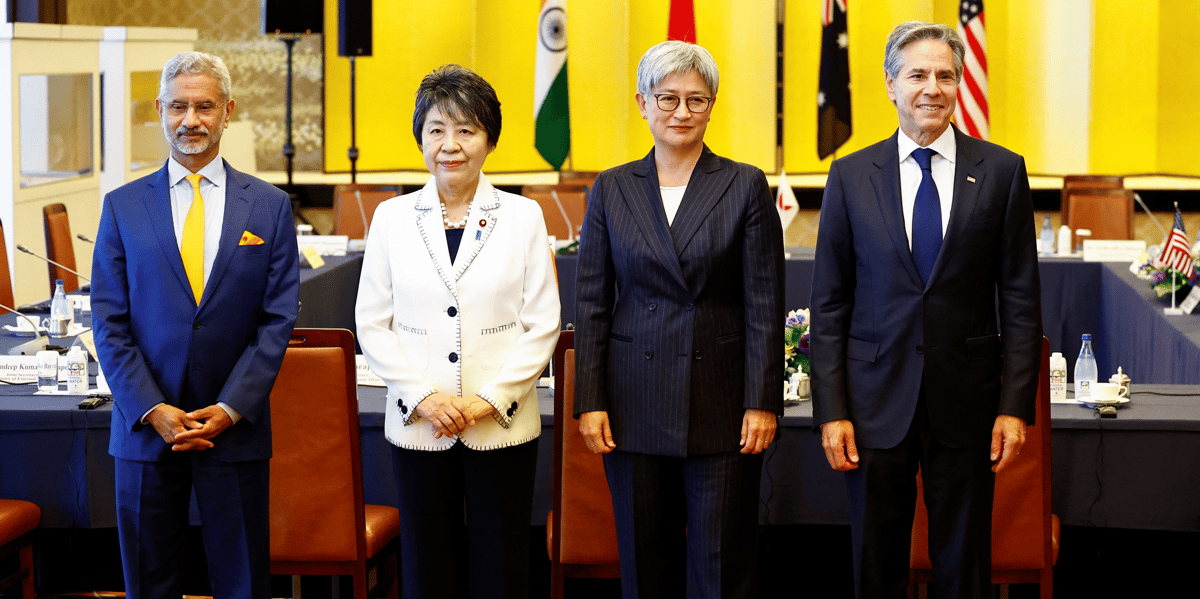 Le secretaire d'etat americain antony blinken, la ministre australienne des affaires etrangeres penny wong, le ministre indien des affaires exterieures subrahmanyam jaishankar et la ministre japonaise des affaires etrangeres yoko kamikawa