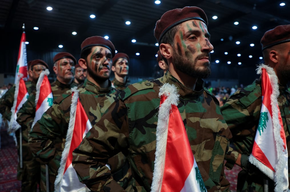 Des membres du hezbollah defilent lors d'un rassemblement marquant la journee al-quds dans la banlieue sud de beyrouth