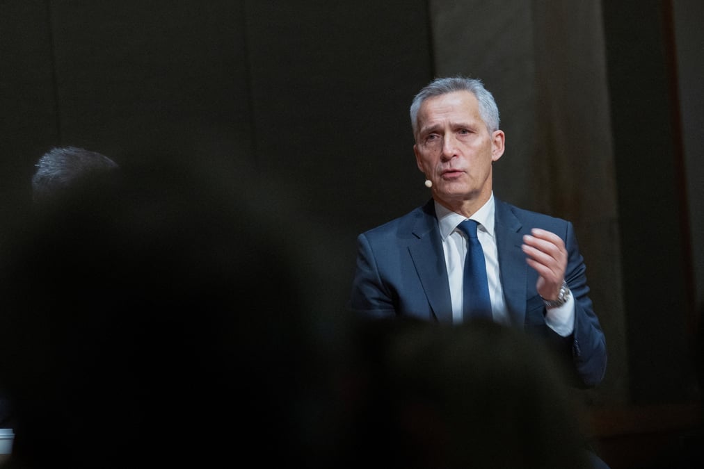 Le secretaire general de l'otan, jens stoltenberg lors du petit dejeuner civita dans l'aula de l'universite a oslo