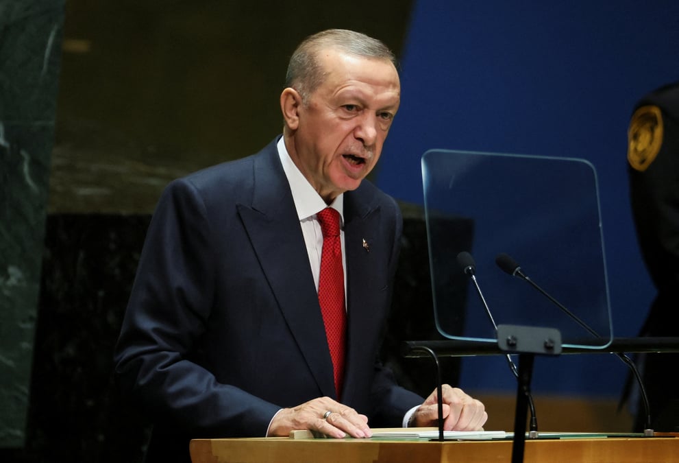 Le president turc tayyip erdogan s'adresse a la 78e session de l'assemblee generale des nations unies