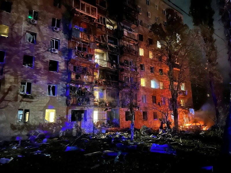 A view shows a damaged apartment building in kursk