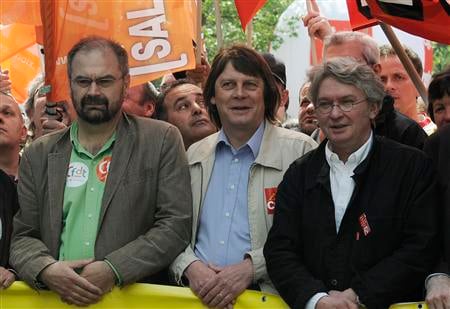 Le secrétaire général de la CFDT, François Chérèque, celui de la CGT Bernard Thibault et leur homologue de Force ouvrière Jean-Claude Mailly (de gauche à droite).