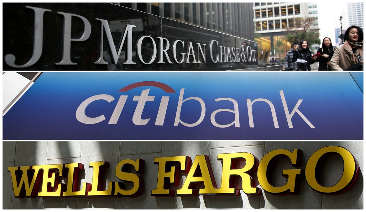 Photo combinant les enseignes des banques jp morgan chase, citibank et wells fargo & co