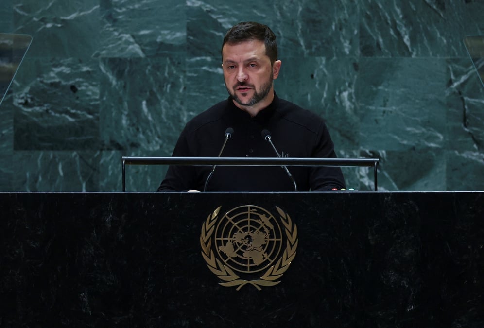 Le president ukrainien volodimir zelensky a l'assemblee generale des nations unies au siege de l'onu a new york